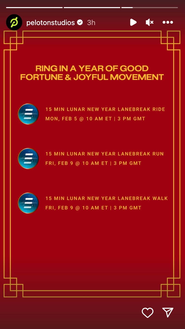 2024 Lunar New Year class list. Image credit Peloton social media.